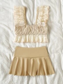 Contrast Lace Ruffle Trim Ruched Tankini Summer Beach