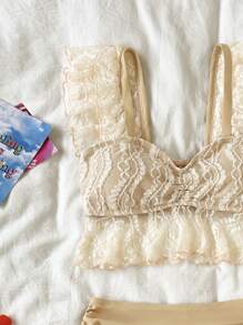 Contrast Lace Ruffle Trim Ruched Tankini Summer Beach