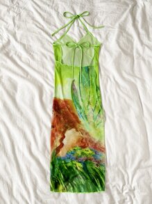 Figure Graphic Halter Tie Back Asymmetrical Hem Cover Up Dress - Multicolor - View 6