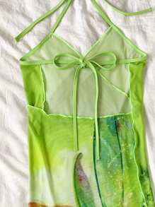 Figure Graphic Halter Tie Back Asymmetrical Hem Cover Up Dress - Multicolor - View 4