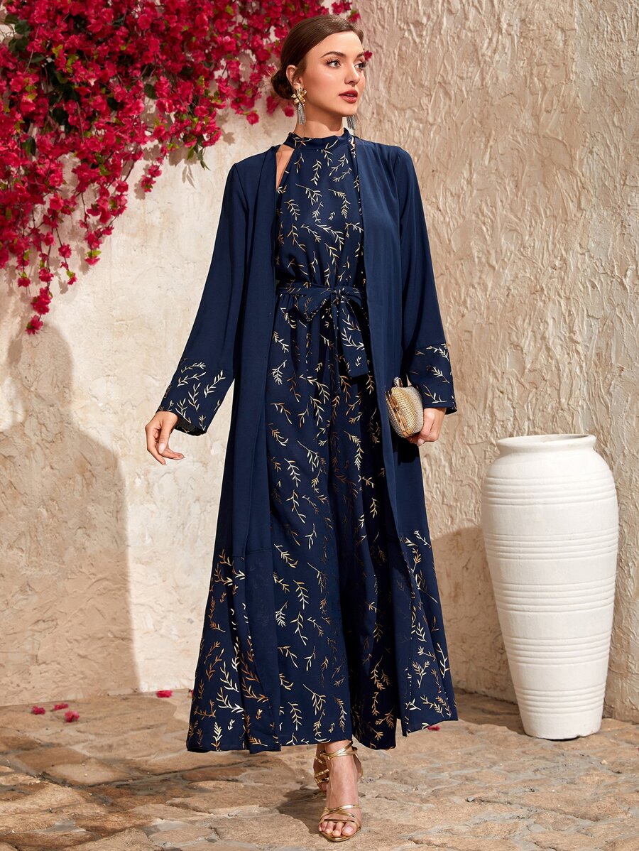 Modelyn Plant Print Belted Halter Jumpsuit & Coat - Navy Blue - View 1