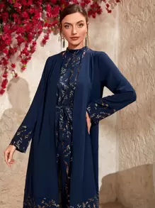 Modelyn Plant Print Belted Halter Jumpsuit & Coat - Navy Blue - View 3