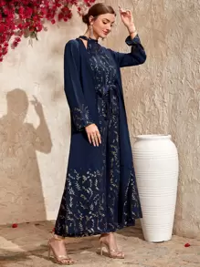 Modelyn Plant Print Belted Halter Jumpsuit & Coat - Navy Blue - View 5