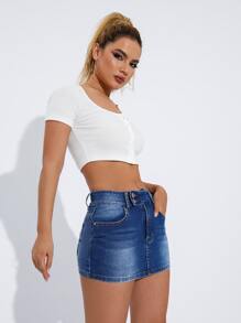 SHEIN ICON Bleach Wash Zipper Fly Denim Skirt - Dark Wash - View 5