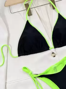 Swim Basics Summer Beach Contrast Neon Trim Halter Triangle Tie Side Bikini Bathing Suit
