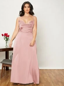 SHEIN Belle Plus Draped Lace Up Backless Satin Formal Bridesmaid Dress - Baby Pink - View 3