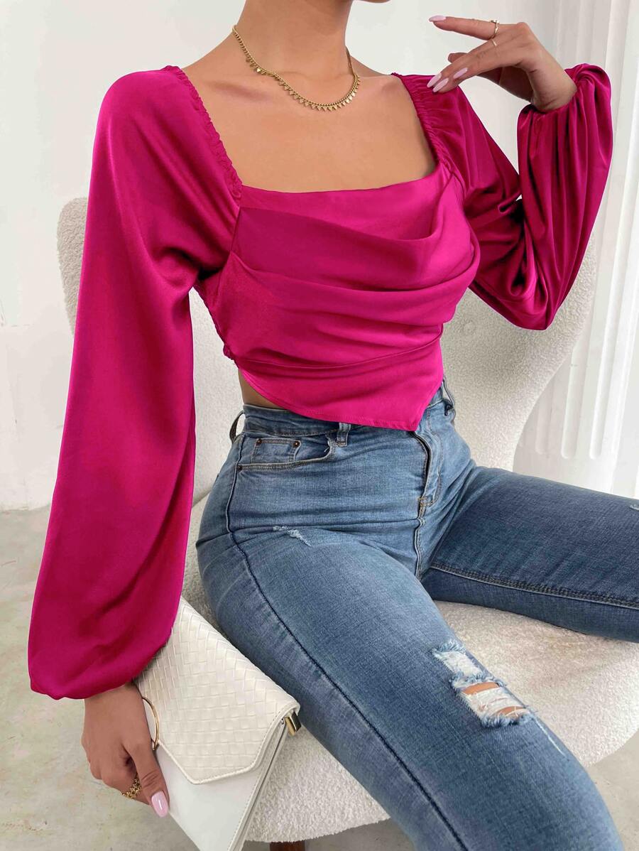 SHEIN Privé Lantern Sleeve Shirred Back Crop Top - Hot Pink - View 1
