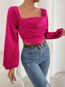SHEIN Privé Lantern Sleeve Shirred Back Crop Top - Hot Pink - View 4