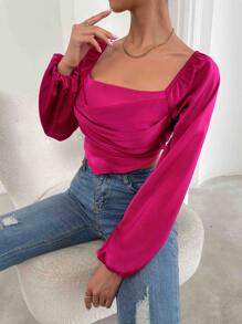 SHEIN Privé Lantern Sleeve Shirred Back Crop Top - Hot Pink - View 5