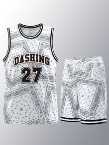 Men Letter & Paisley Scarf Print Drawstring Waist Sports Set - Black and White - View 1