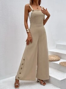 SHEIN VCAY 紐扣細節闊腿背帶連身褲不帶上衣 - 卡其色 - 查看 3