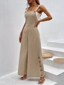 SHEIN VCAY 紐扣細節闊腿背帶連身褲不帶上衣 - 卡其色 - 查看 5