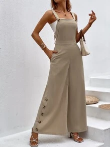SHEIN VCAY 紐扣細節闊腿背帶連身褲不帶上衣 - 卡其色 - 查看 6