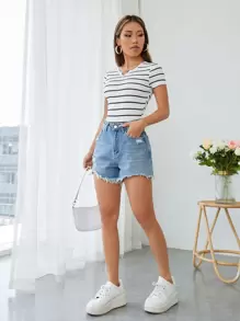 SHEIN PETITE Striped Notched Neck Bodysuit - Black and White - View 3