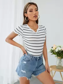 SHEIN PETITE Striped Notched Neck Bodysuit - Black and White - View 4