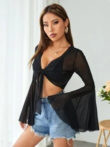 SHEIN PETITE Flounce Sleeve Knot Front Sheer Crop Top Without Bra - Black - View 3