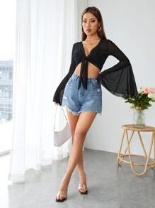SHEIN PETITE Flounce Sleeve Knot Front Sheer Crop Top Without Bra - Black - View 4