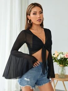 SHEIN PETITE Flounce Sleeve Knot Front Sheer Crop Top Without Bra - Black - View 6