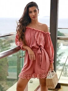 Swiss Dot Off Shoulder Contrast Embroidered Mesh Bishop Sleeve Belted Romper - Watermelon Pink - View 1
