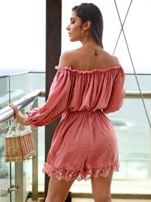 Swiss Dot Off Shoulder Contrast Embroidered Mesh Bishop Sleeve Belted Romper - Watermelon Pink - View 2