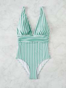 Traje de una pieza fruncido con rayas, para vacaciones en la playa de verano - Verde - Ver 3