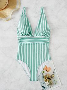 Traje de una pieza fruncido con rayas, para vacaciones en la playa de verano - Verde - Ver 6