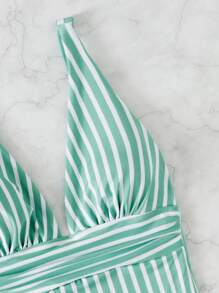 Traje de una pieza fruncido con rayas, para vacaciones en la playa de verano - Verde - Ver 5