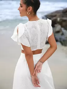 SHEIN VCAY 網眼刺繡鏤空蝴蝶袖短款上衣和多層下擺半身裙 - 白色 - 查看 2