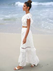 SHEIN VCAY 網眼刺繡鏤空蝴蝶袖短款上衣和多層下擺半身裙 - 白色 - 查看 5