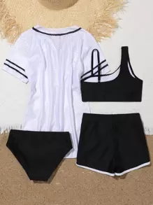 Tween Girl 4packs Letter Graphic Contrast Binding Bikini Set Summer Beach - Black and White - View 2