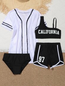 Tween Girl 4packs Letter Graphic Contrast Binding Bikini Set Summer Beach - Black and White - View 5