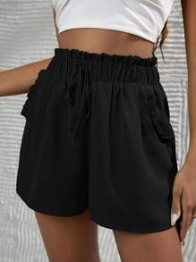 SHEIN Frenchy Paper Bag Waist Knotted Front Frill Shorts - Black - View 3