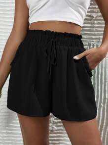 SHEIN Frenchy Paper Bag Waist Knotted Front Frill Shorts - Black - View 2