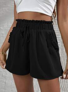 SHEIN Frenchy Paper Bag Waist Knotted Front Frill Shorts - Black - View 4