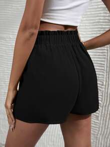 SHEIN Frenchy Paper Bag Waist Knotted Front Frill Shorts - Black - View 5