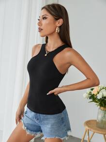 SHEIN PETITE Top tank tejido de canalé - Negro - Ver 3