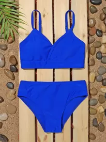 Tween Girl Plain Surplice Neck Bikini Set Summer Beach - Royal Blue - View 1