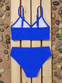 Tween Girl Plain Surplice Neck Bikini Set Summer Beach - Royal Blue - View 2