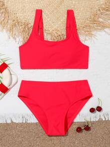 SHEIN Conjunto de bikini liso para niña preadolescente, playa de verano