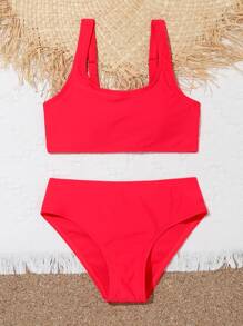 SHEIN Conjunto de bikini liso para niña preadolescente, playa de verano