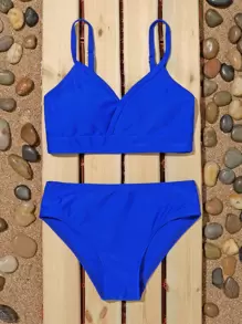 Tween Girl Plain Surplice Neck Bikini Set Summer Beach - Royal Blue - View 5