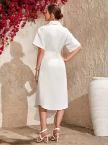 Mulvari Drop Shoulder Flap Detail Tie Front Asymmetrical Hem Dress - White - View 2