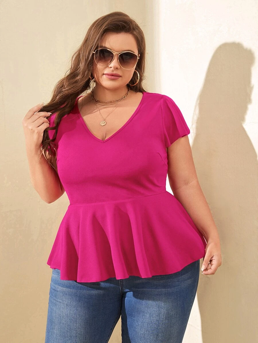 SHEIN Clasi Plus Butterfly Sleeve Peplum Blouse - Hot Pink - View 1