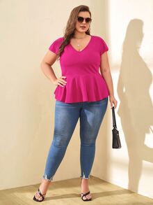 SHEIN Clasi Plus Butterfly Sleeve Peplum Blouse - Hot Pink - View 4