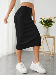 SHEIN PETITE Falda tejido de canalé de muslo con abertura - Negro - Ver 4