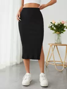 SHEIN PETITE Falda tejido de canalé de muslo con abertura - Negro - Ver 5