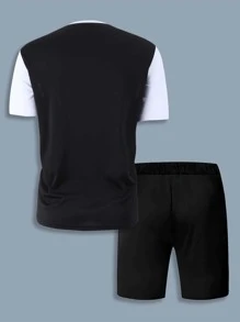Manfinity Homme Men Letter Graphic Colourblock Tee & Shorts - Black and White - View 2