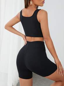 SHEIN PETITE Bộ đồ hai mảnh nữ màu trơn Thể thao - màu đen - Xem 2