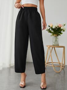 SHEIN PETITE Quần nữ màu trơn Giải trí - màu đen - Xem 4