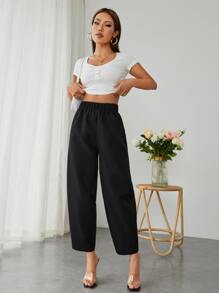 SHEIN PETITE Quần nữ màu trơn Giải trí - màu đen - Xem 5